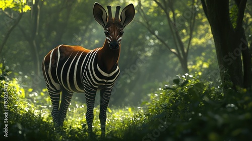 Okapi in a lush forest,  wildlife,  peaceful scene, nature photography photo