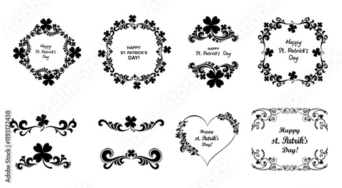 Set of Vintage St. Patrick`s day frames. Celebration background with clover and place for your text. Decoration set - lots of calligraphic elements. Beer festival lettering typography icon.  