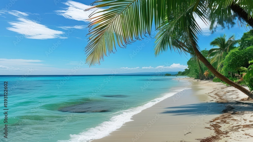 Tropical beach scene featuring palm trees, turquoise waters, soft sand, and a clear blue sky, perfect for vacations and relaxation Tropical beach scene featuring palm trees, turquoise waters, soft sand, and a clear blue sky, perfect for vacations and relaxation
