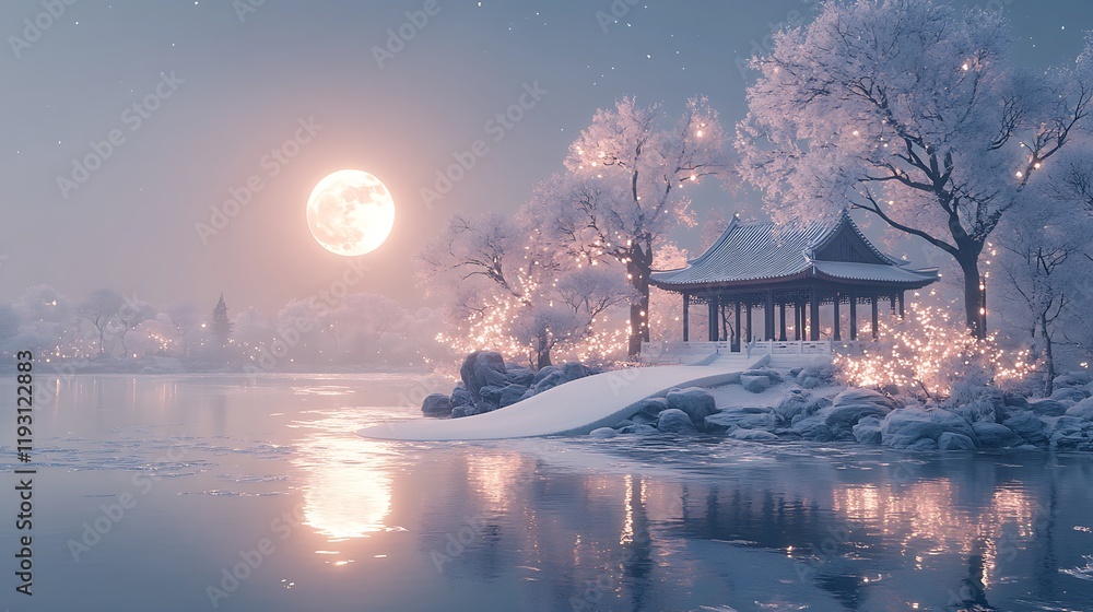 Fototapeta premium Serene winter moonlit landscape with snow-covered pavilion and lake.