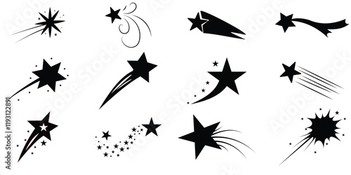 Shooting stars icons, flying star with comet tail, set of falling star with trails, Abstract silhouette of shooting star. Meteorite and comet symbols.  vector illustration.