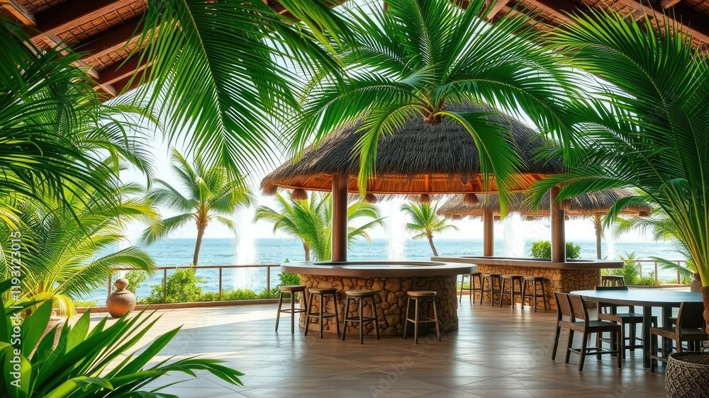 Fototapeta premium A lush tropical patio oasis featuring a thatched roof tiki bar with swaying palm trees and a sparkling water feature in the background, water feature, thatched roof