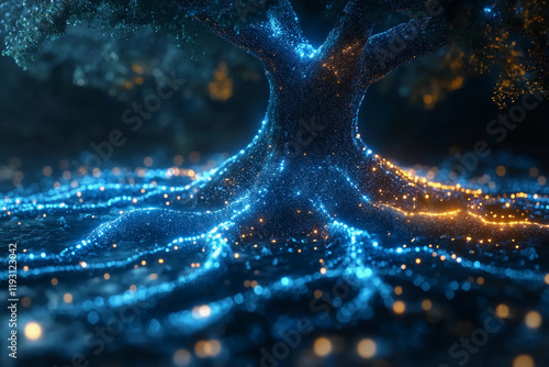 Techno-Nature Harmony: Glowing interconnected roots and branches of trees, blending nature with digital connectivity, symbolizing the fusion of the natural world and modern technology