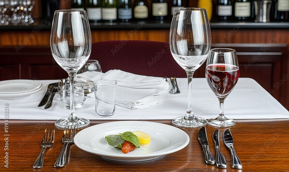 Elegant restaurant table setting with wine glasses, appetizer, and bar in background, ideal for fine dining themes Elegant restaurant table setting with wine glasses, appetizer, and bar in background, ideal for fine dining themes