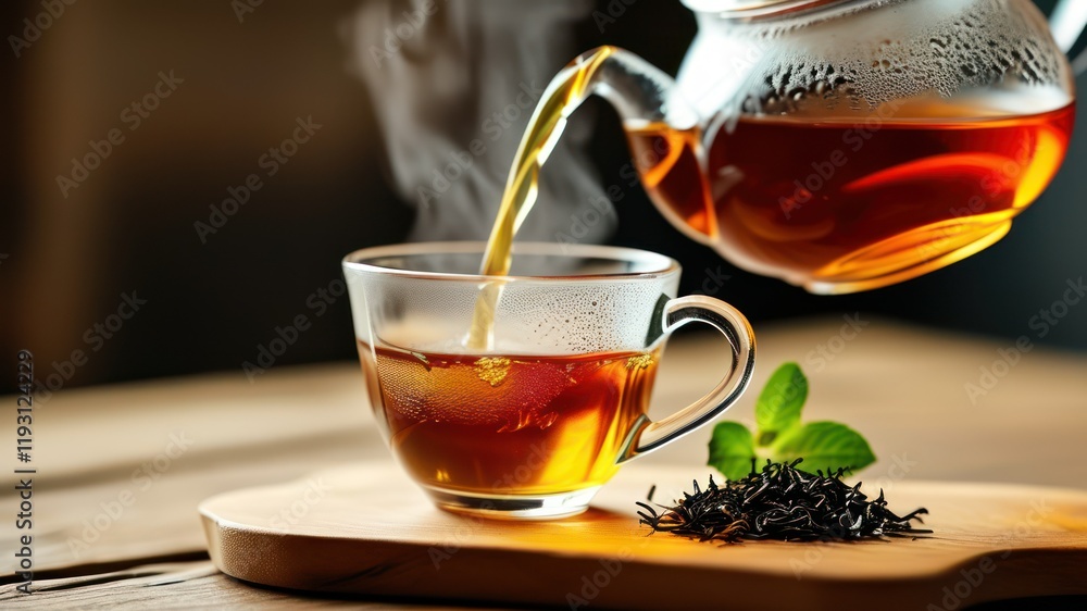 Pouring hot tea into glass cup, showcasing steam and mint leaves, evoking relaxation and cozy moments Pouring hot tea into glass cup, showcasing steam and mint leaves, evoking relaxation and cozy moments