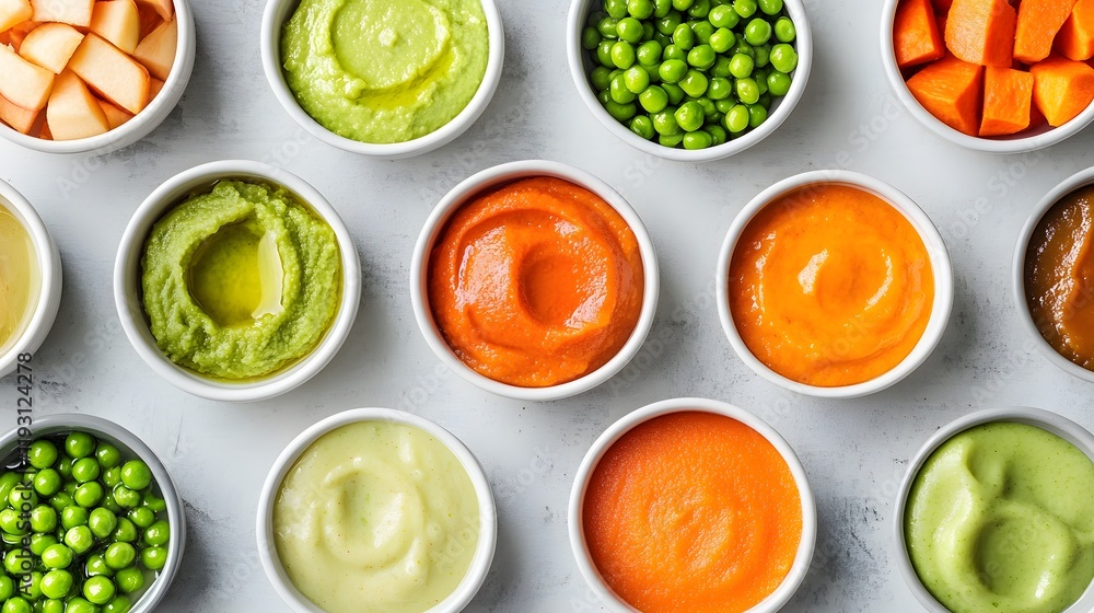 Assorted Baby Food Purees and Vegetables in Bowls Assorted Baby Food Purees and Vegetables in Bowls