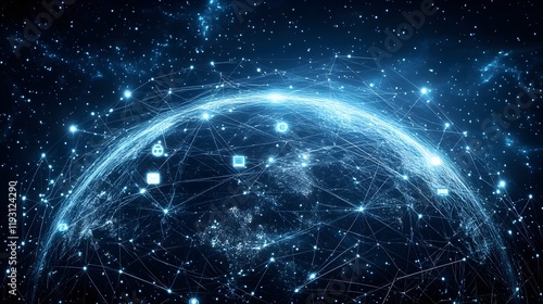 3D holographic globe with network connections and floating icons on a techy background.