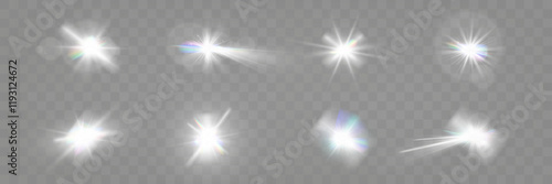 Set of glowing light effects with starbursts and radiating beams on a transparent background, ideal for overlays and decorations.