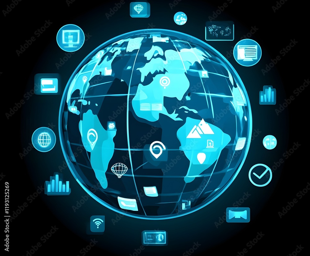 3D holographic globe with network connections and floating icons on a techy background. 3D holographic globe with network connections and floating icons on a techy background.