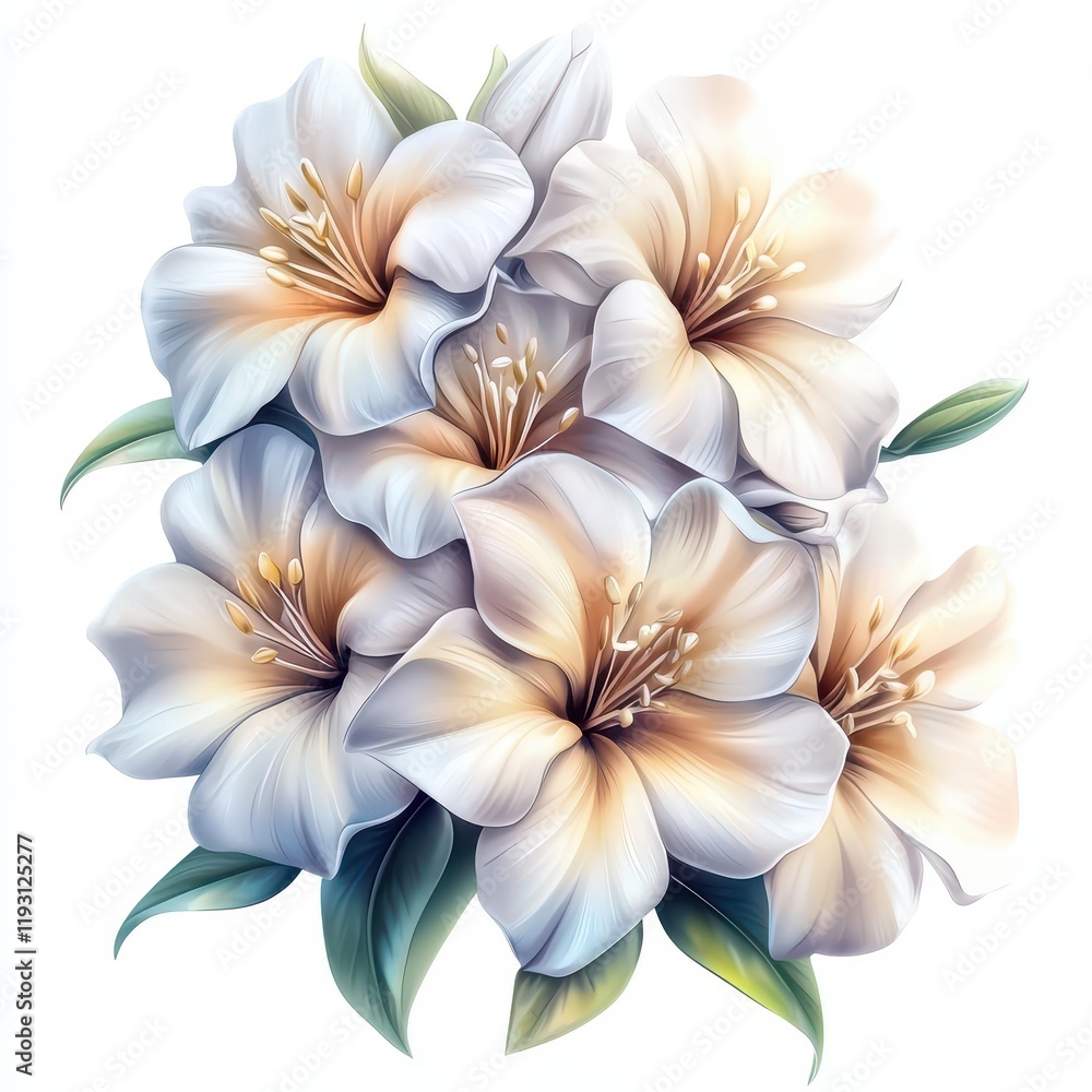 Fototapeta premium Elegant White Flowers with Soft Hues and Lush Green Leaves on a Bright Background
