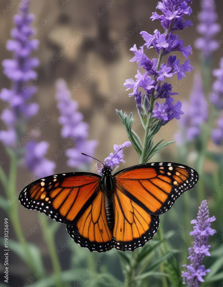 Obraz premium A monarch butterfly rests on a lavender violet flower's petals, color, flower, nature