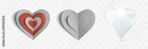 Valentine's design with layered hearts in red and white, glowing light effects, and elegant text on transparent background.