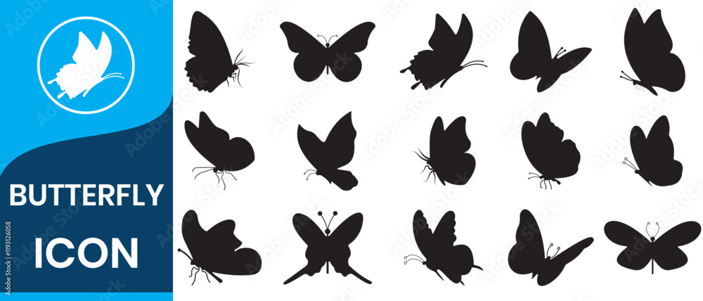 Fototapeta premium Set of black butterflies isolated on white background, collection of silhouettes. Butterfly black color, flying shape, vector design. flying butterfly silhouette logo.
