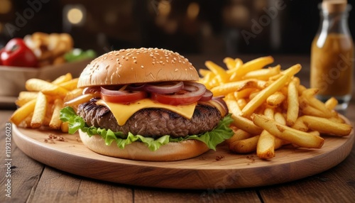 A mouthwatering cheese burger on a wooden plate with golden fries and a side of grilled onions, woodenplate, crispygoodness, homecookedmeals photo