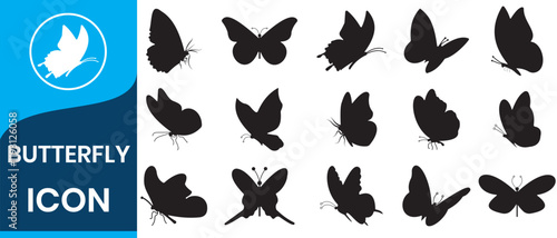 Set of black butterflies isolated on white background, collection of silhouettes. Butterfly black color, flying shape, vector design.  flying butterfly silhouette logo.