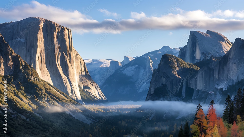 Obraz premium Scenic View of Yosemite Valley with Majestic Cliffs and Morning Mist