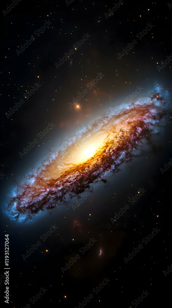 Fototapeta premium Vibrant spiral galaxy illuminated by bright core and ethereal gas clouds in deep space, showcasing cosmic beauty and stellar composition