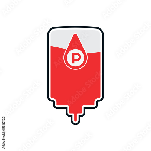 Blood donation plastic bag with tube in flat style. Donate blood concept. Medical background. Vector illustration. EPS 10. P blood type.