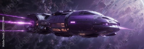 A personless, futuristic spacecraft features a glowing purple communication array on its hull, spaceship, futuristic photo