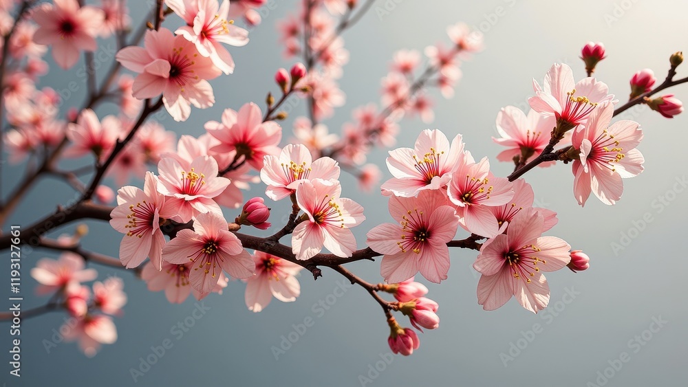 A vibrant close-up of lush pink cherry blossoms against a soft, light blue sky. In focus blooms contrast with a dreamy backdrop A vibrant close-up of lush pink cherry blossoms against a soft, light blue sky. In focus blooms contrast with a dreamy backdrop