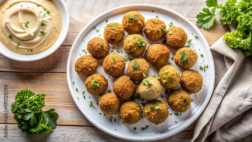 Delicious meatballs with rosemary potatoes on a white plate photo