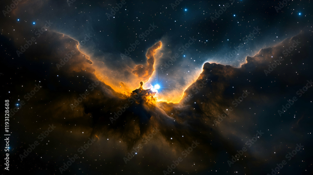 Naklejka premium Cosmic formation seen in a vibrant nebula with bright stars and swirling gas in deep space