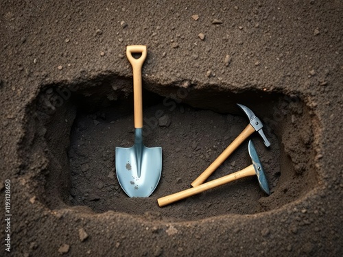 A pit with a shovel, pickaxe, and crowbar laid out in the center, digging pit, pickaxe photo