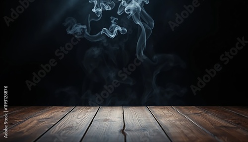 Empty Wooden Table With Smoke Float Up On Dark Background photo