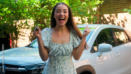 Quadro em tela Excited pleased happy Caucasian woman female smiling girl buyer driver winner ho