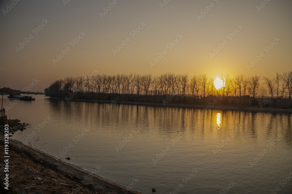 Fototapeta premium Sunset, dusk, river, transportation, scenery, scenery, background, illustration