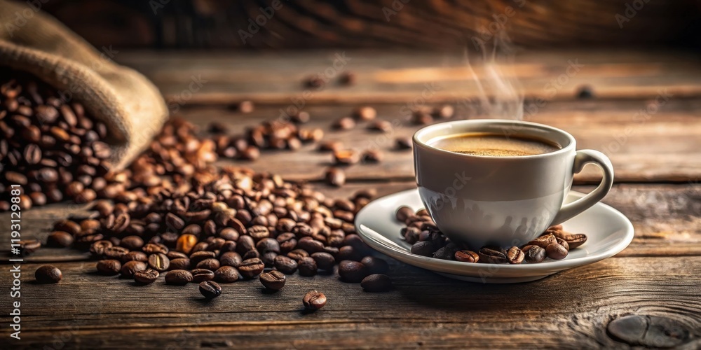 Aromatic Coffee in a White Cup with Roasted Beans on Rustic Wood Aromatic Coffee in a White Cup with Roasted Beans on Rustic Wood