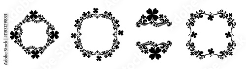 Set of Vintage St. Patrick`s day frames. Celebration background with clover and place for your text. Decoration set - lots of calligraphic elements. Beer festival lettering typography icon. Vector