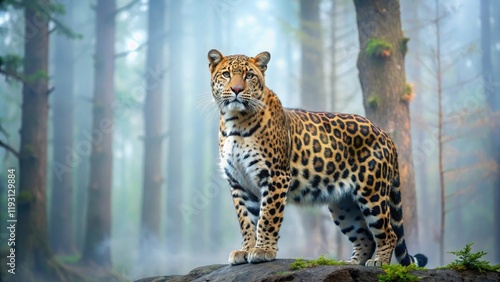 A rare and beautiful Amur leopard standing still in the misty forest surroundings, forest, lemur, foliage