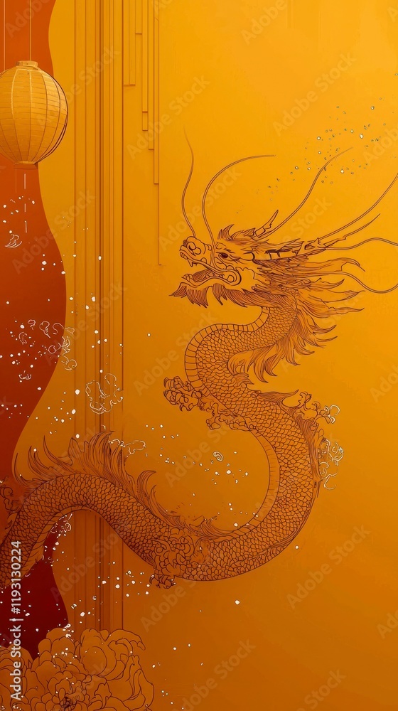 Obraz premium Festive Dragon Design for Chinese New Year Celebration with Vibrant Orange Background and Decorative Elements, Perfect for Festival Themed Events and Decorations