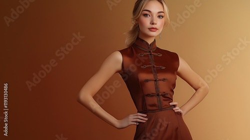 Fashion photography, Closeup shot of a beautiful model wearing mocha mousse themed dress with mocha mousse themed abstract gradient background.