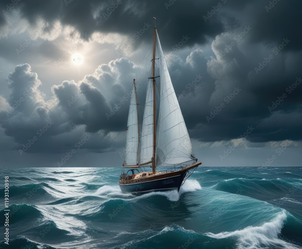 Fototapeta premium A small sailboat rides out a fierce storm on the rough blue waters, sea, marina