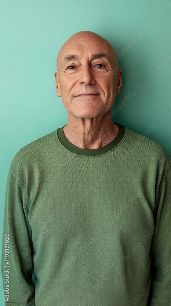 Obraz premium Minimalist portrait of an older man against a vibrant mint green background showcasing warmth and wisdom