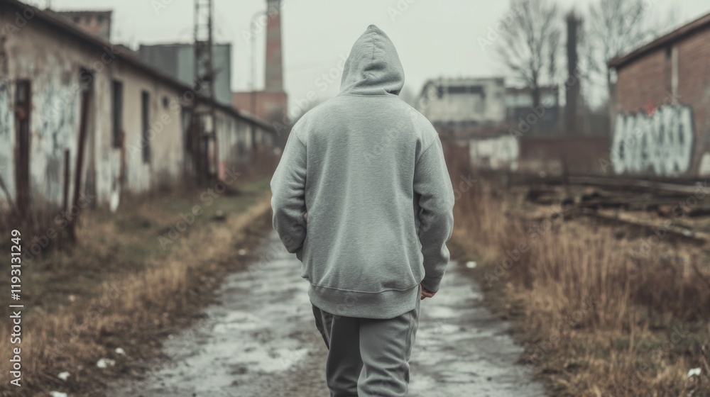 Man in grey hoodie walking away down a desolate path. Man in grey hoodie walking away down a desolate path.