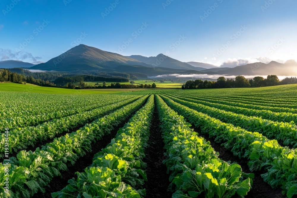 A field of cabbages growing in rows under a clear blue sky, with sunlight illuminating the green leaves A field of cabbages growing in rows under a clear blue sky, with sunlight illuminating the green leaves