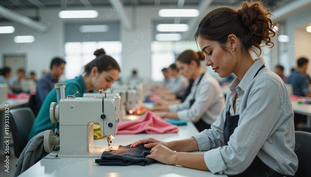 Fototapeta premium Focused workers sewing colorful fabrics in a textile factory, teamwork
