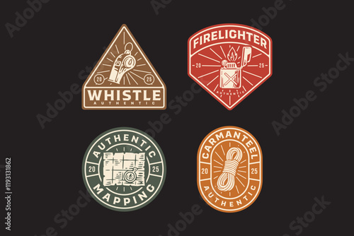 emergency whistle with compass, fire lighter with jerrycan, old map, hank of ropes retro badge logo vector design collection set for adventure, explorer, mountaineer, hiker and climber