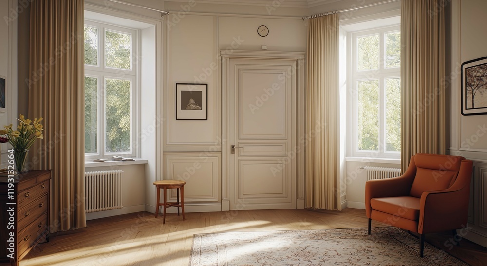 Fototapeta premium Sunlit corner room with armchair, windows, and classic decor