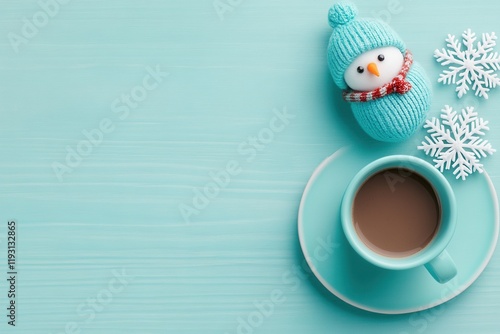 A coffee cup on a saucer beside a stuffed snowman and snowflakes. Organizing Kids’ Celebrations with ease and creativity. Copy space