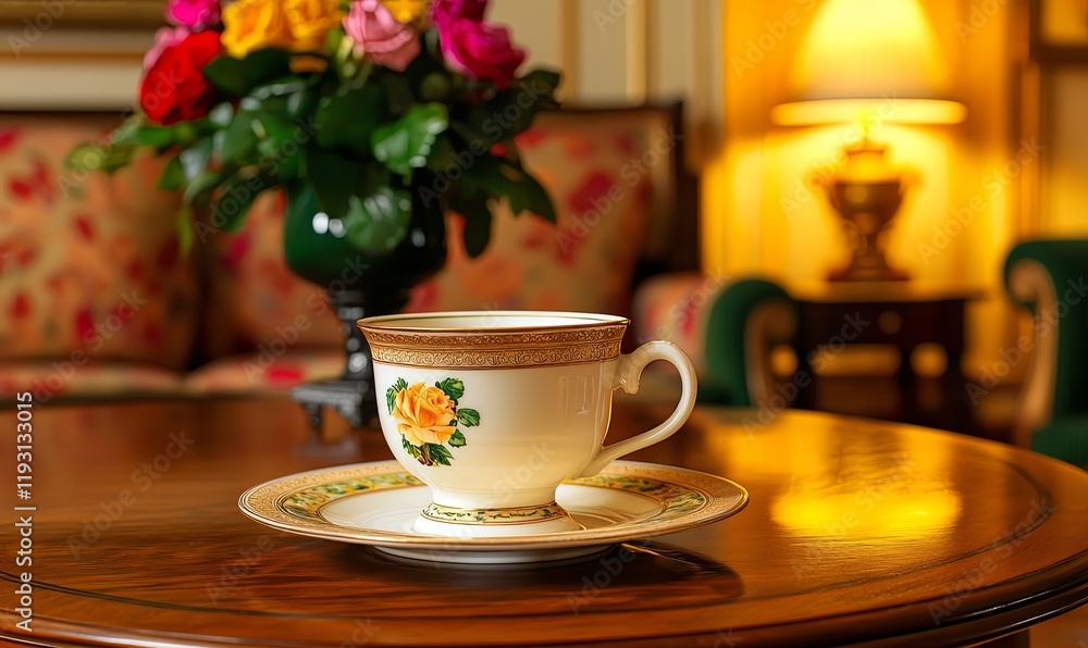 Teacup on table in elegant room with flowers and lamp Teacup on table in elegant room with flowers and lamp