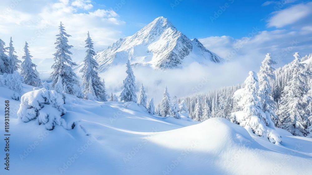 Snow-covered mountain peak with snow-laden pine trees under a bright winter sky. Snow-covered mountain peak with snow-laden pine trees under a bright winter sky.