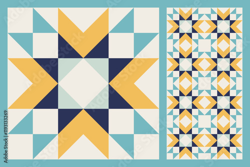 Geometric Star Pattern, Bold and Colorful Quilt Design with Repeating Motif, seamless vector pattern, abstract geometric background. Traditional barn star-shaped patchwork quilt block