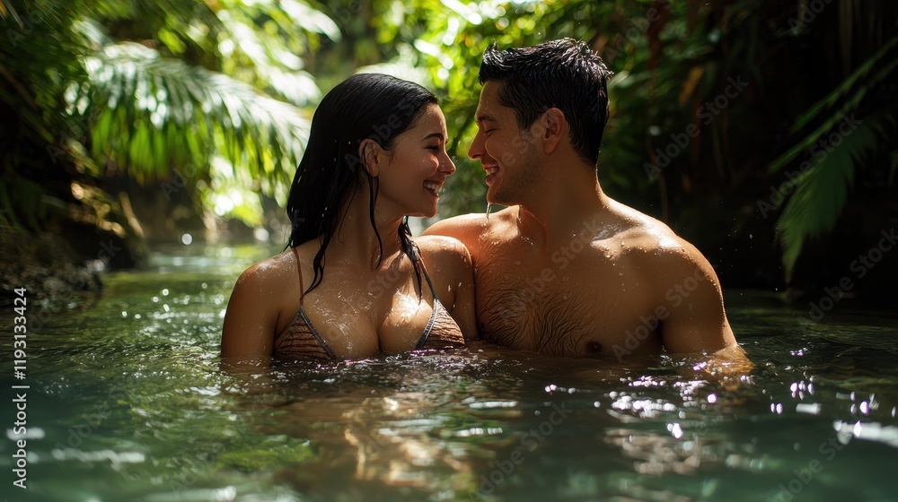 First Love. A couple enjoying a romantic moment in a lush tropical setting. First Love. A couple enjoying a romantic moment in a lush tropical setting.