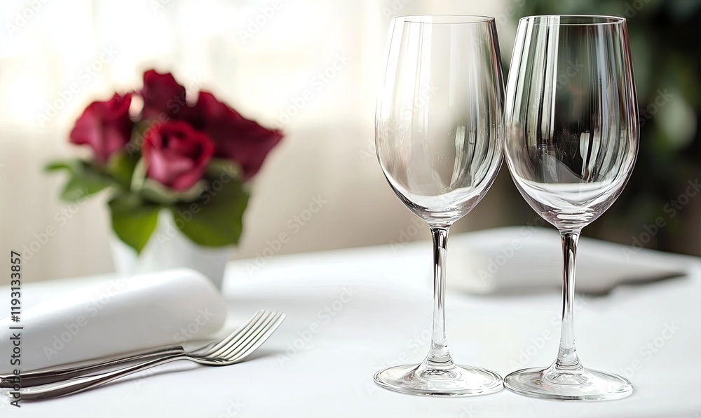 Two empty wine glasses on a restaurant table set for a romantic dinner with roses Two empty wine glasses on a restaurant table set for a romantic dinner with roses