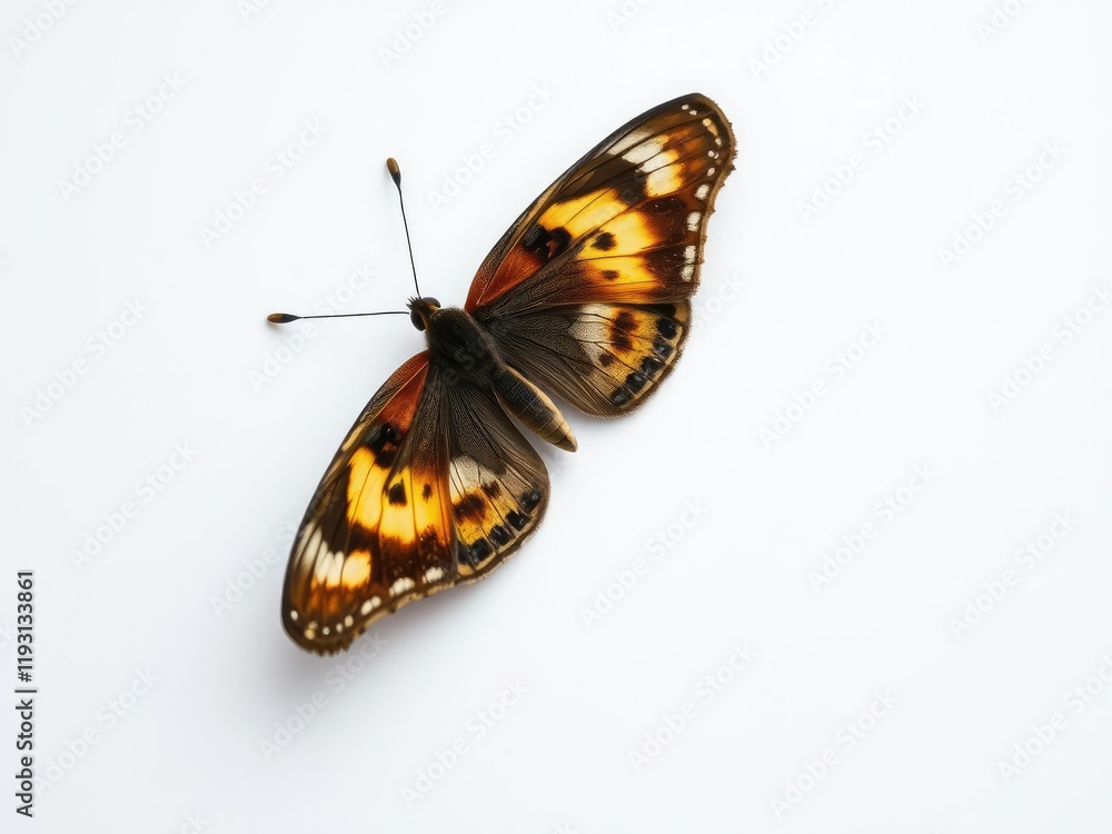 A lone butterfly with beautiful brown and yellow wings resting on a soft white surface, highlighting its intricate patterns, leafy green, detail shot, nature A lone butterfly with beautiful brown and yellow wings resting on a soft white surface, highlighting its intricate patterns, leafy green, detail shot, nature
