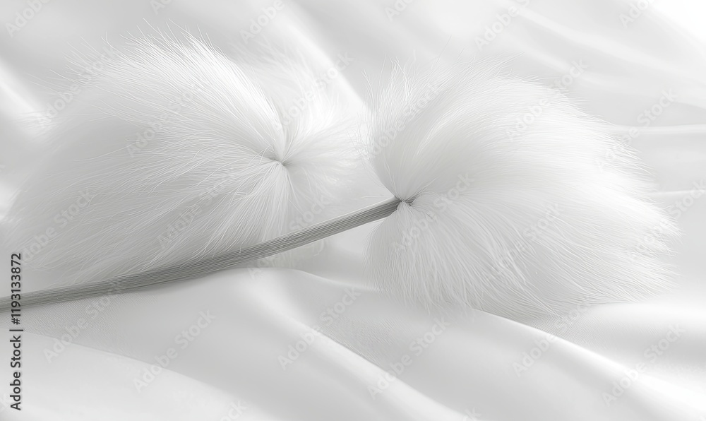 Two fluffy white seed heads on white silk, delicate nature, softness, purity, background for beauty products Two fluffy white seed heads on white silk, delicate nature, softness, purity, background for beauty products